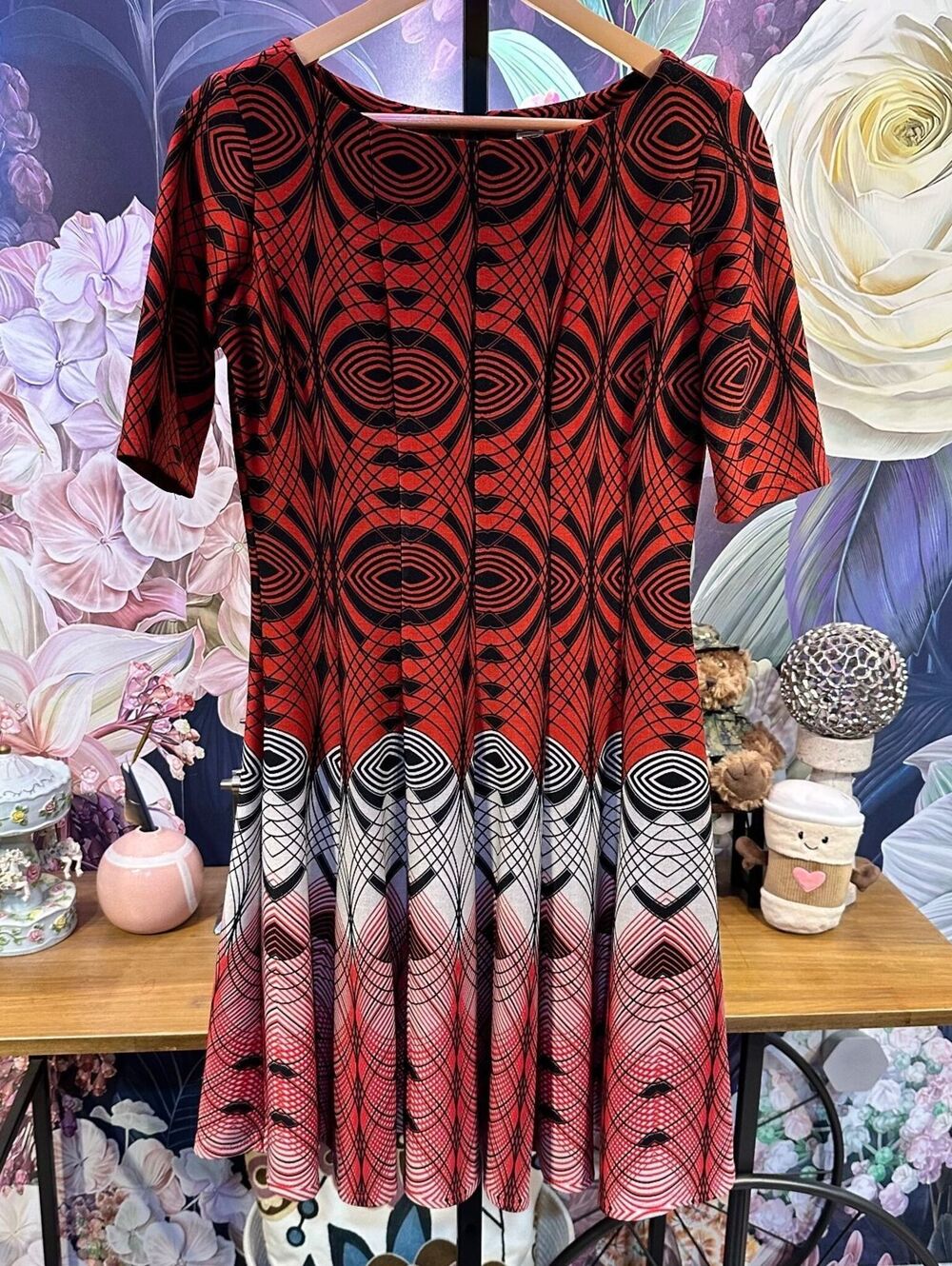Julian Taylor Size 6 Fit & Flare Dress Red Black Geometric Print Stretch Blend